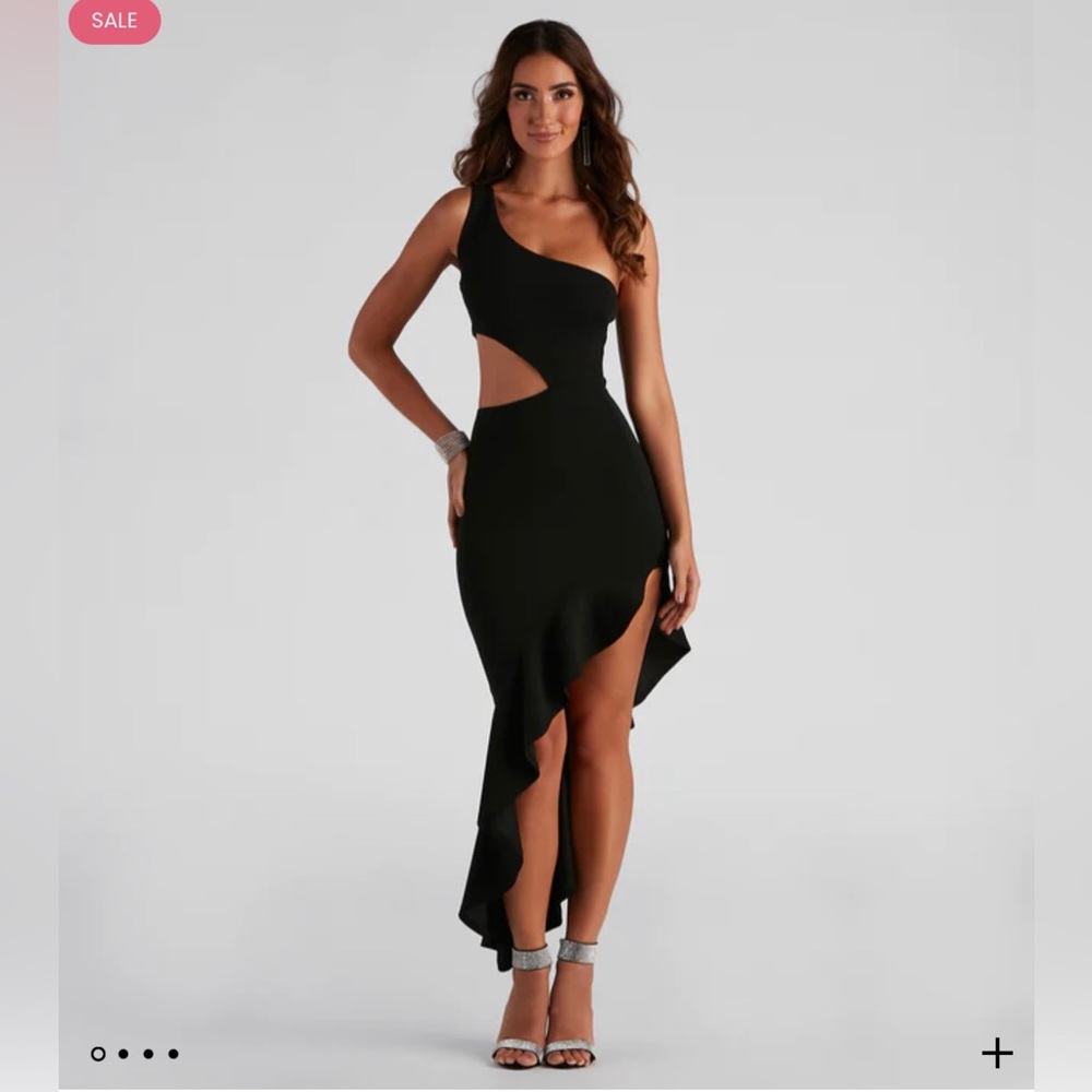 Black asymmetrical midi dress.